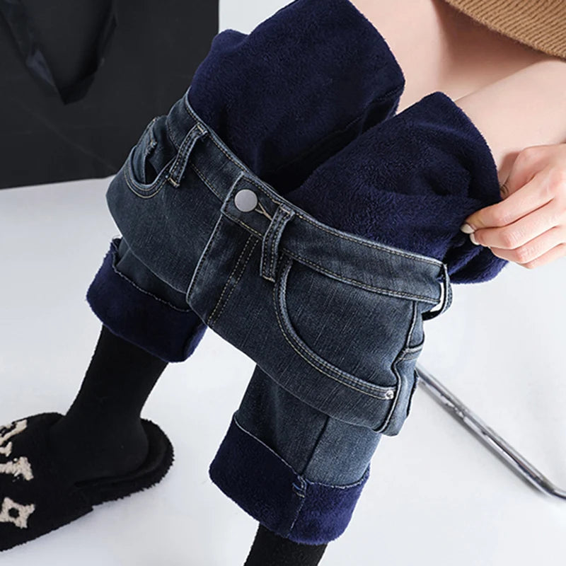 New Straight Denim Jeans Plus Velvet Autumn Winter Micro brushed Edge Elastic Pants High Waist Elastic Fleece Women's Trousers