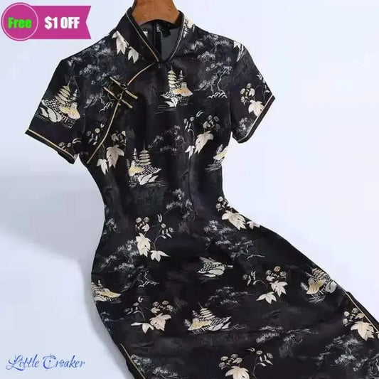 Black Evening Gown Wedding Modern Chinese Cheongsam Dress Stretch Plus Size Chipao 2XL Sexy Traditional Vintage Qipao - Seprincess