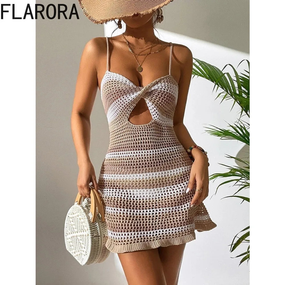 FLARORA Summer Beach Halter Knitted Mini Dress Woman Hollow Out Stripe Backless Dresses Holiday Party Sexy Bodycon Vestidos New - Seprincess