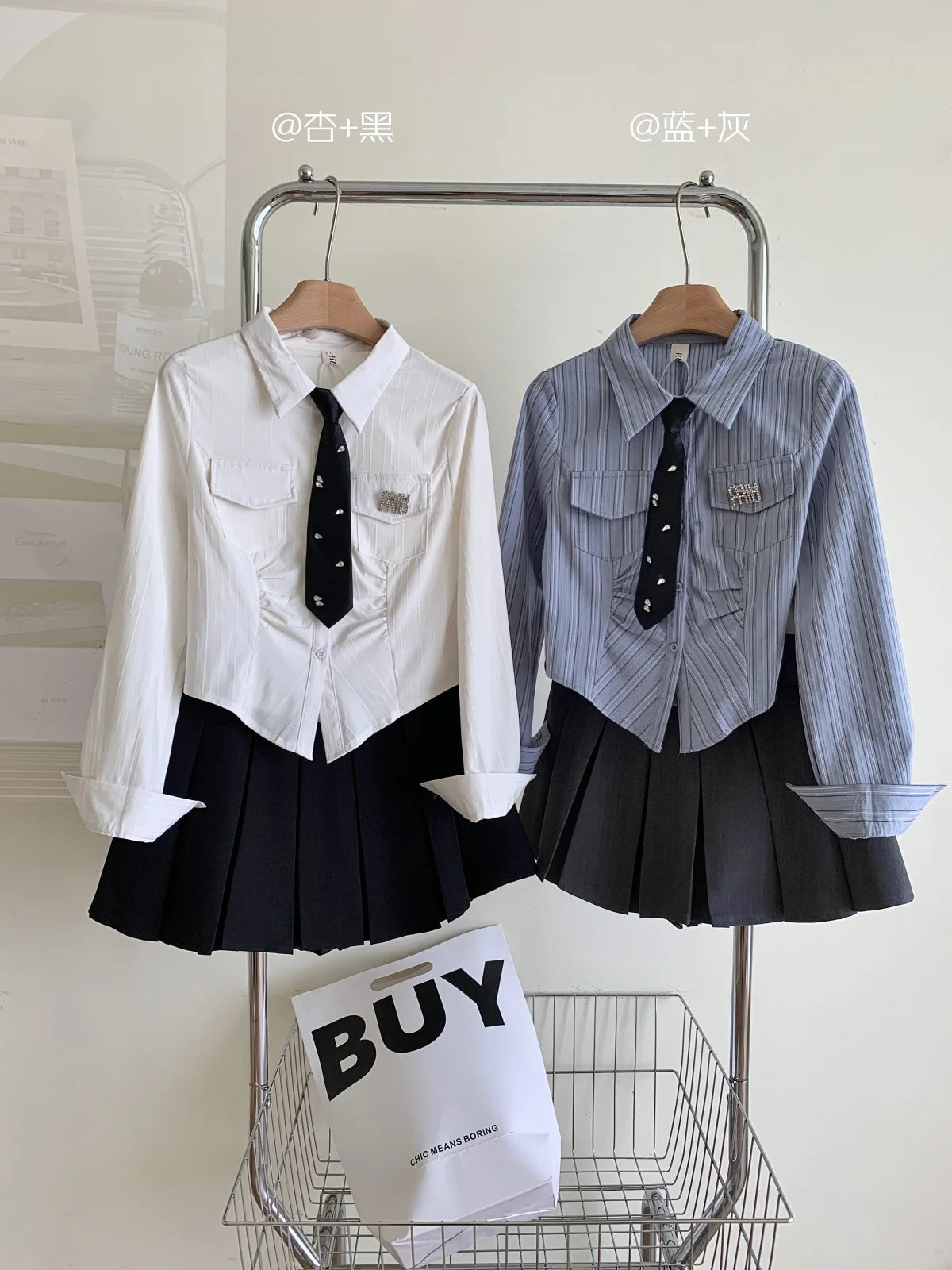 Women JK Preppy Y2k Gyaru Kpop 2000s Outfits 2 Piece Set Long Sleeve Shirts With Tie Crop Tops + Mini Pleated Skirts With Belt - Seprincess