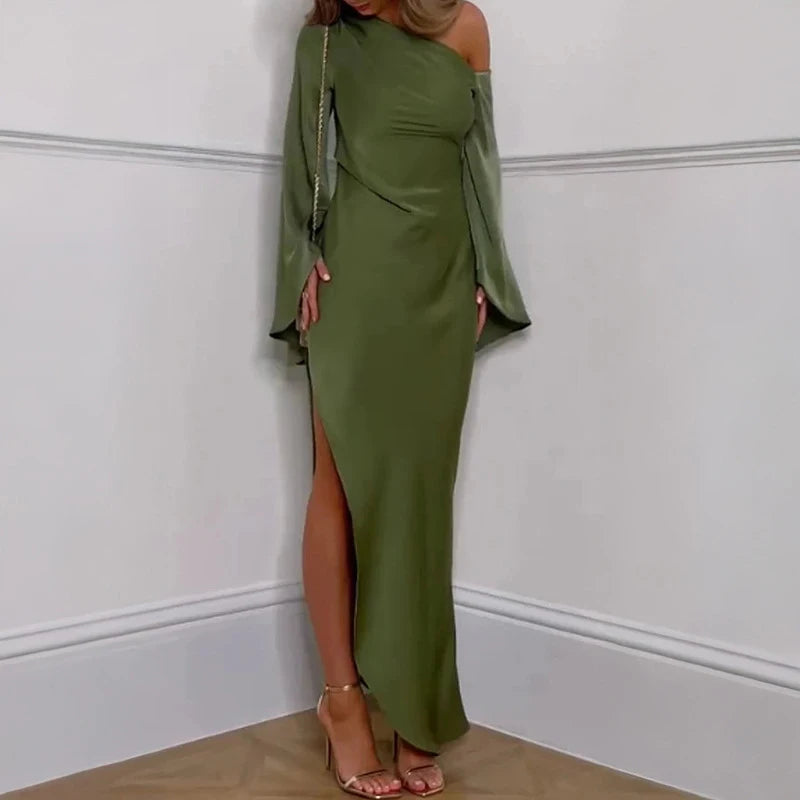 Green Asymmetrical Slim Women Robe Dress Sexy Off Shoulder Long Sleeved Party Dress 2024 Autumn Elegant Side Split A-line Dress - Seprincess