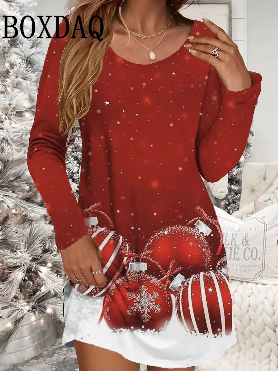 Autumn Winter Women Dresses Christmas Snowflake Print Dress Casual Party Clothing Long Sleeve Women's Loose A-Line Mini Dresses - Seprincess