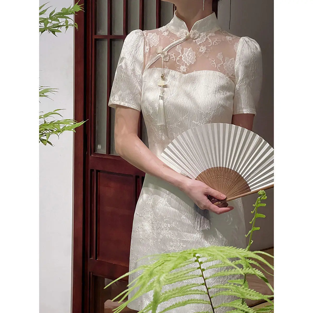 Women Beige Long Cheongsam Lace Transparent Floral Vintage Dress Wedding Costumes Traditional Short Qipao S To XXL - Seprincess