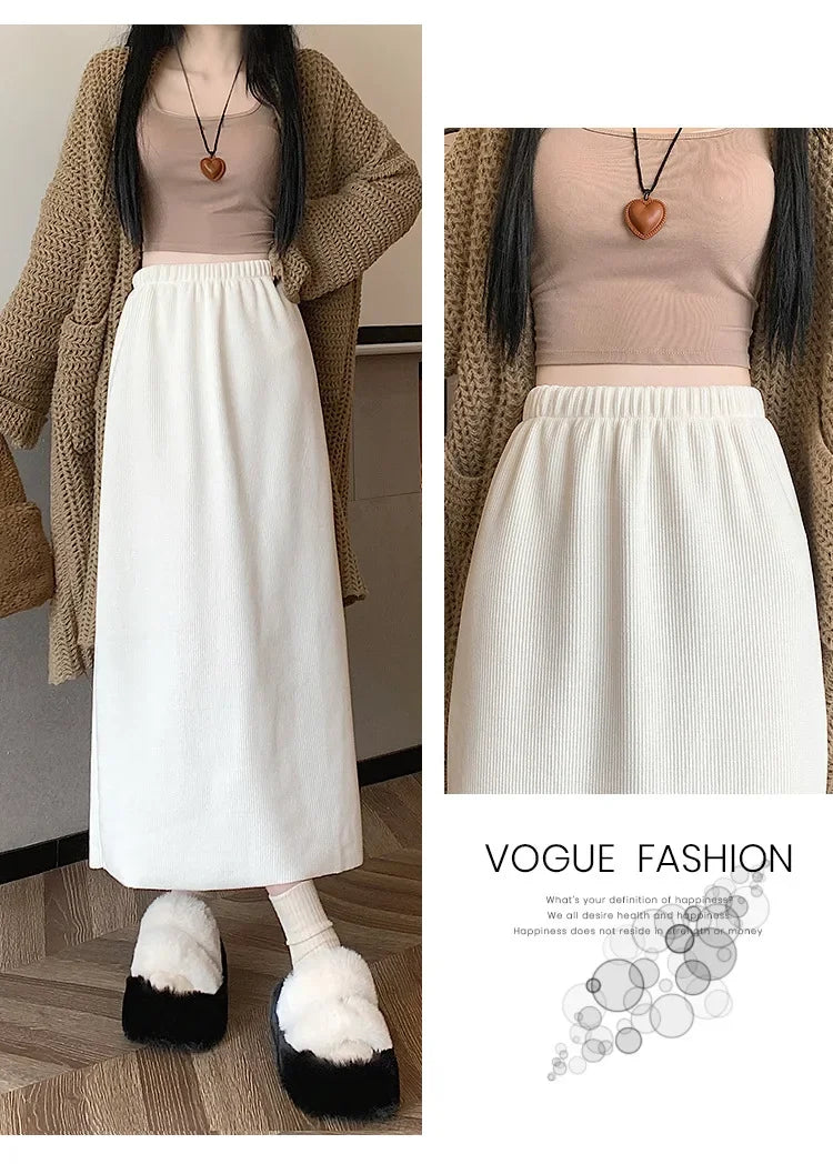 Thickened Fleece-Lined Corduroy Skirt Women's Autumn/Winter 2024 New Medium-Length A- Line Skirt With Side Slit High-Waisted