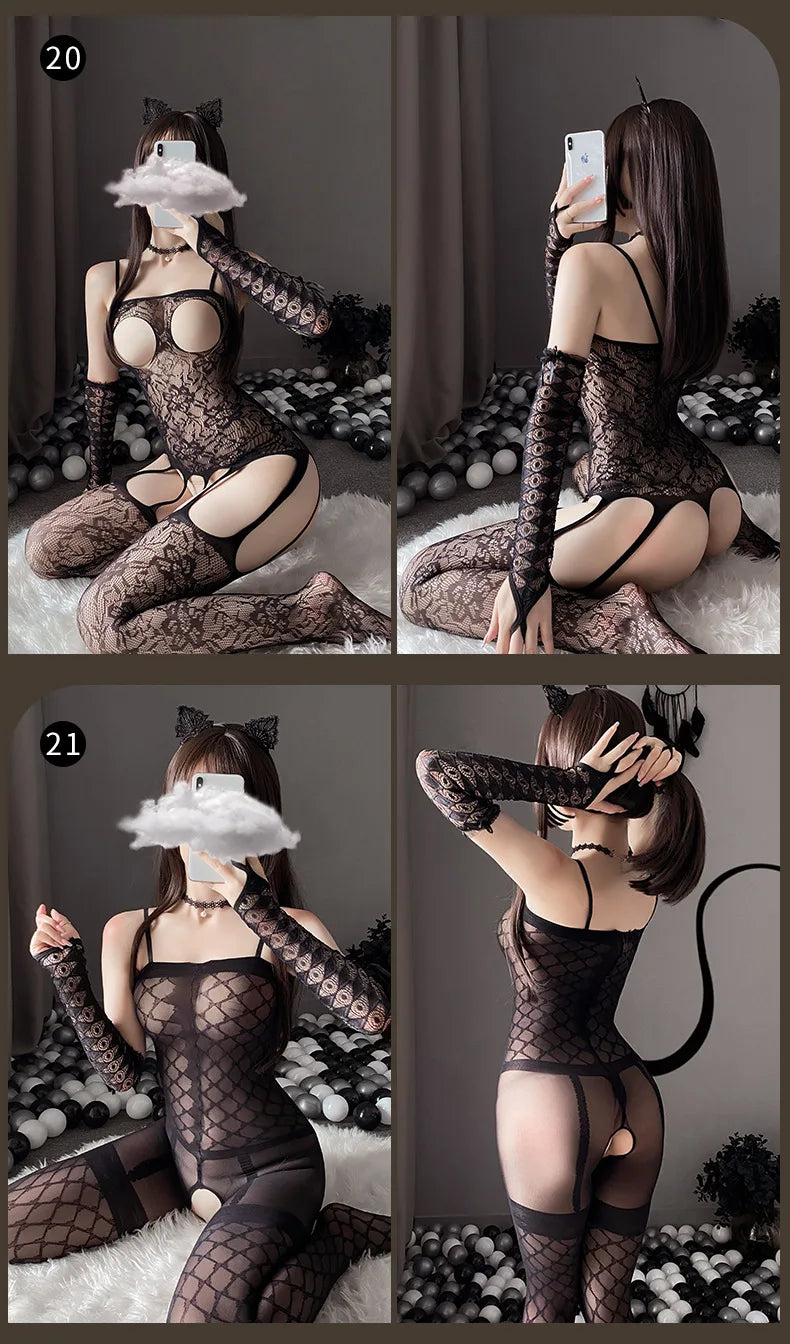 Sexy Open Crotch Bodysuit For Women Erotic Fishnet Mesh Bodystockings Female Porn Hollow Out Teddy Crotchless Stretch Lingerie