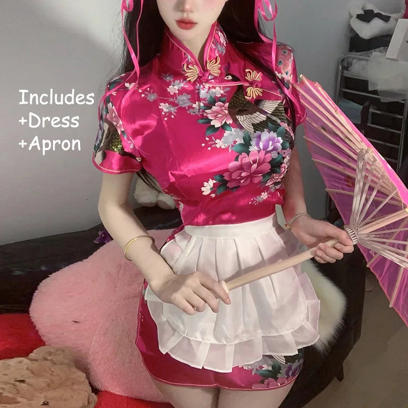 Sexy Chinese Women Cheongsam Cute Maid Role Play Outfit Apron Dress Uniform Kawaii Anime Little Chef Qipao Cosplay Costume - Seprincess