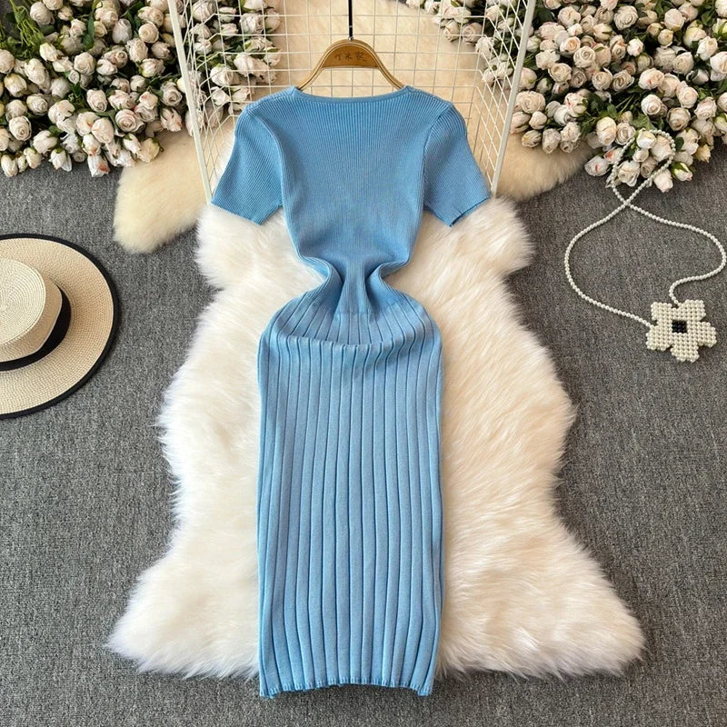 Elegant Knitted Long Dress Women Summer V Neck Single Breatsed Short Sleelve Bodycon Dresses Fashion Party Office Lady Vestidos - Seprincess