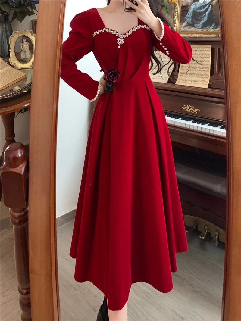 Burgundy Velvet Prom Dresses Square Collar Long Sleeve Pearl Crystal Long Engagement Dress Plus Size Female Formale Gowns - Seprincess