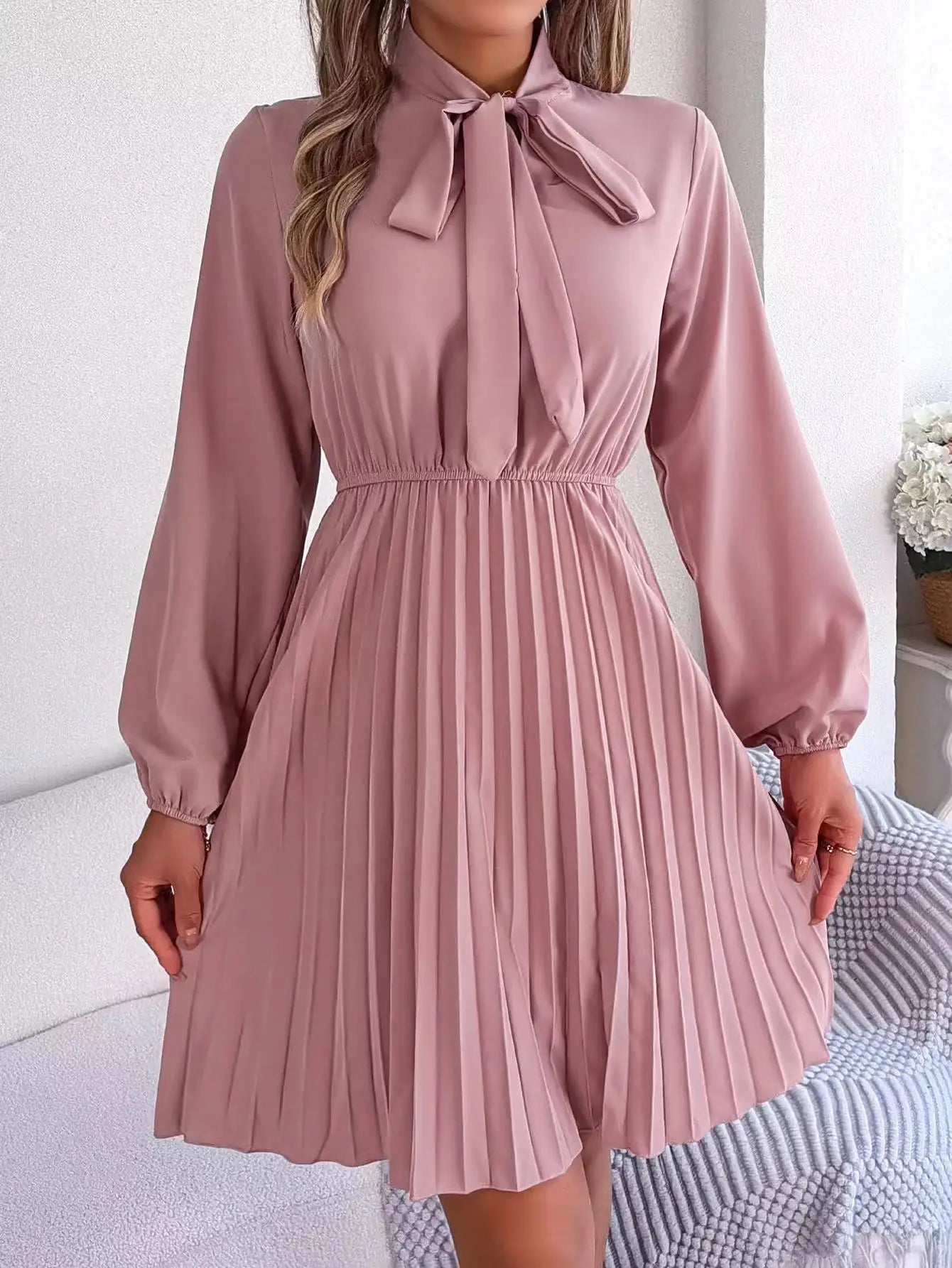 2024 Women's Dresses New in Spring Summer Autumn Winter New Fashion Pure Color Lace Up Long Sleeve Elastic Waist Party Pleated - Seprincess