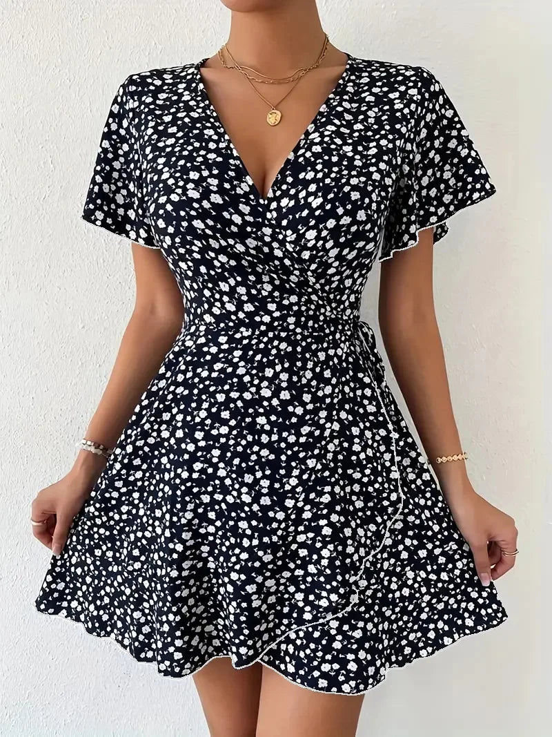 Women Sexy Printed A Line Dress Summer Bohemian V-Neck Short Sleeved Mini Dresses - Seprincess