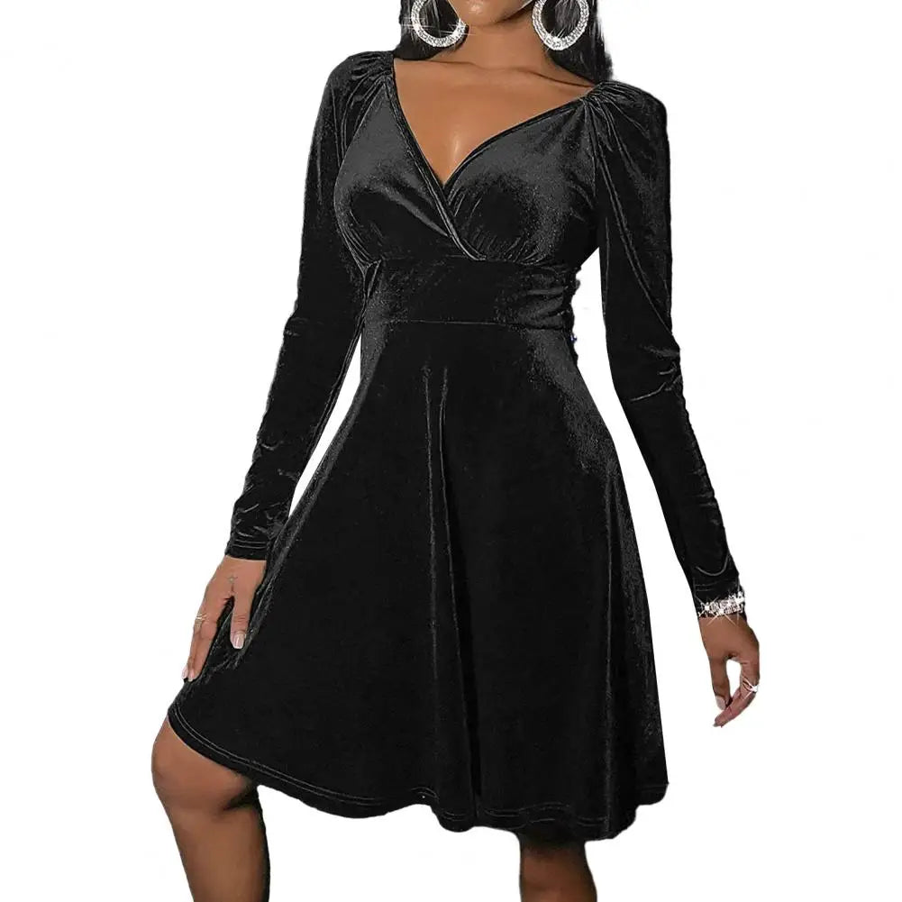 Elegant Sexy Dress Elegant V-neck Velvet Party Dresses for Women A-line Christmas Gown Long Sleeve High Waist Mini Dress - Seprincess