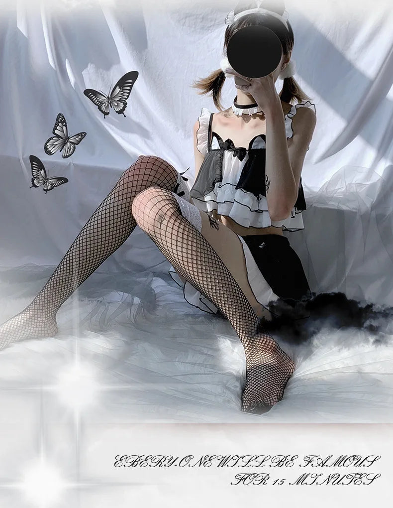 Cute Bow Lace Top Thigh High Stockings Elastic Women Hollow Out Fishnet Over Knee Bowknot Anime Cosplay Hosiery Sexy Lingerie