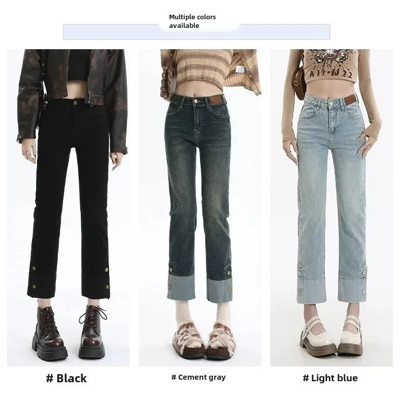 Grey Concrete Jeans Women's Loose-Fit High-Waisted Petite Straight-Leg Pants Summer Thin Style Casual Ladies Trousers