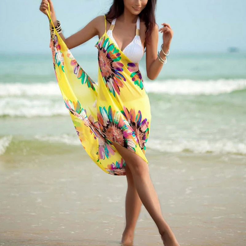 2023 Printed Cover-ups Sexy Beach Dress Women Halter Sling Chiffon Beach Towel Bikini Wrap Pareo Skirts Open-Back Swimwear - Seprincess