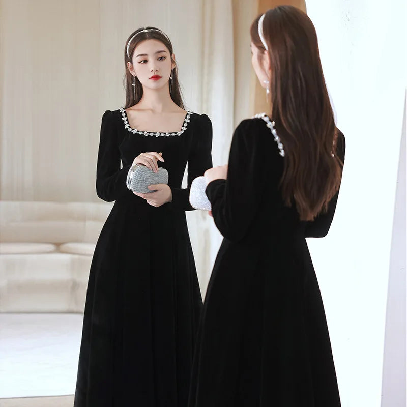 Black Evening Dresses Long Sleeve Square Collar Elegant Velvet Dress Beading Crystal Formal Gowns 2023 New Vestido - Seprincess