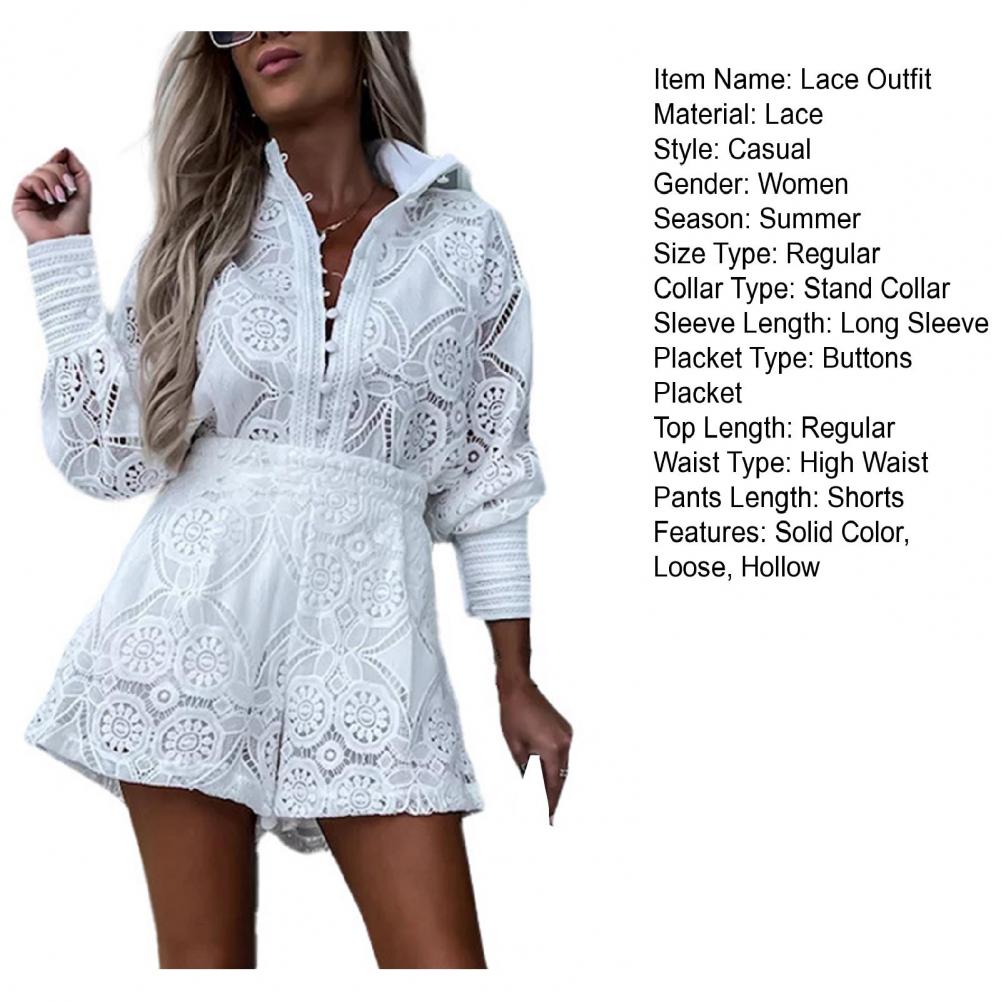 2Pcs/Set Women Outfit Blouse Long Sleeve Single Breasted High Waist Embroidery Hollow Lace Shirt Wide Leg Women Shorts Set