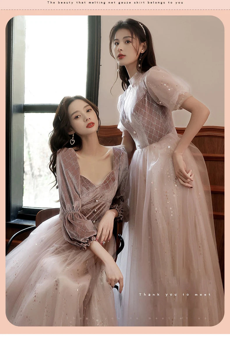 Autumn Winter Bridesmaid Dress New Women's Long Sleeve Corduroy Lace Splicing Style Dress Wedding Sisters Group Evening Dresses - Seprincess