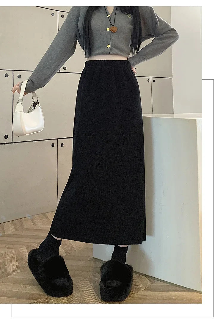 Thickened Fleece-Lined Corduroy Skirt Women's Autumn/Winter 2024 New Medium-Length A- Line Skirt With Side Slit High-Waisted