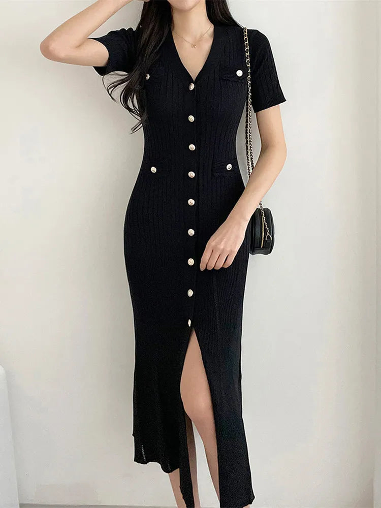 Summer Midi Dress Women Knitted Black Bodycon Korea Style Ruffle Ladies Dresses Elegant Fashion Casual Woman Dress 2024 - Seprincess