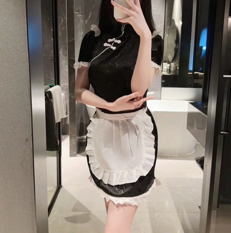 Plus Size Qipao Maid Dress Lingerie Retro Cheongsam National Style Dress Spicy Girl Sexy Apron Maid Uniform Cosplay Servant - Seprincess