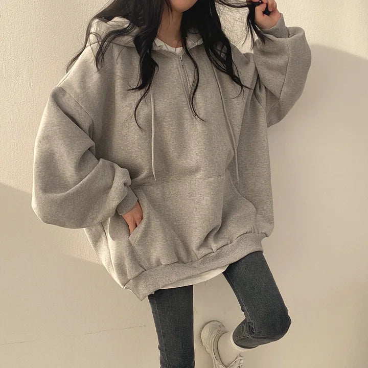 Women Hoodie Harajuku Loose Oversized Solid Color Top Half Zip Up Sweatshirt Female Casual Long Sleeve Pocket Hooded Coats 2024 - Seprincess