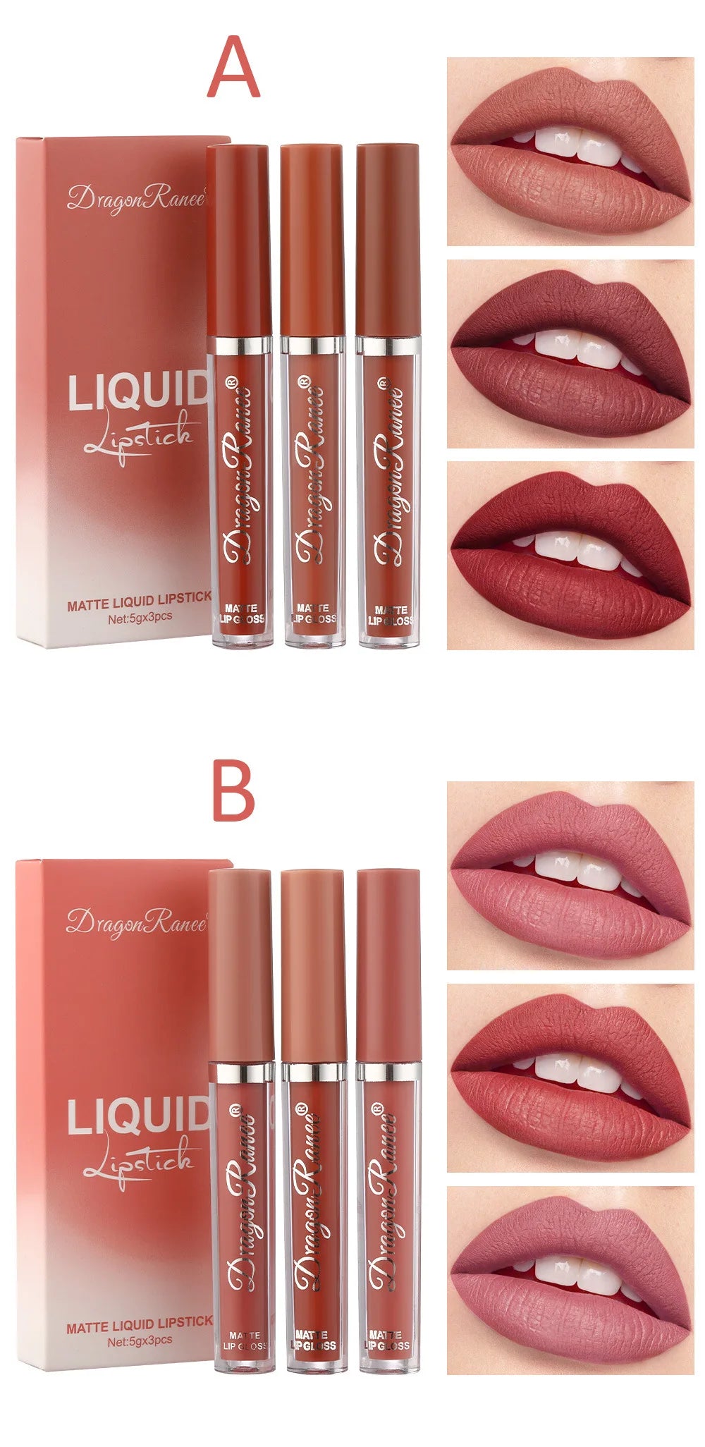 Dragon Ranee Set of 3pcs Velvet Lip Glaze Matte Lipstick Soya Lasting Lip Colour - Seprincess