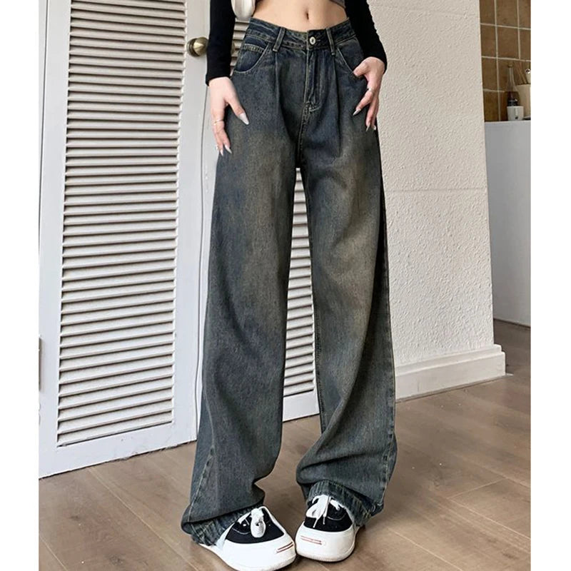 2024 Woman High Waist Vintage Baggy Jeans Lady Streetwear Wide Leg Pants Female Fashion Gray Blue Grey Light Blue Denim Trousers