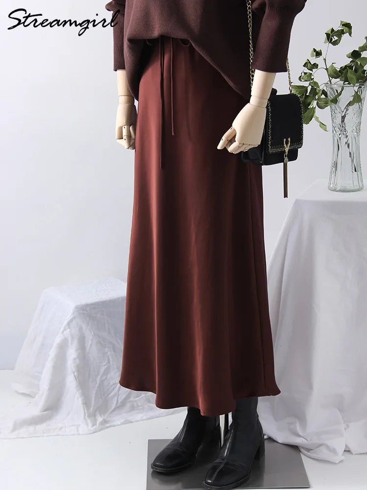 Long Black Satin Skirts For Women 2024 Autumn Winter Maxi Brown Burgundy Skirts Ladies Green Lace Up Women Satin Silk Skirt - Seprincess