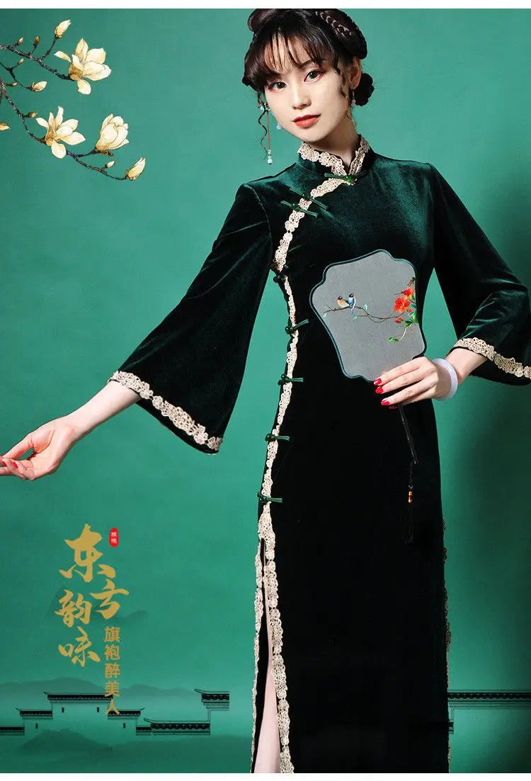 Cheongsam Chinese Traditional Dress Solud Color New Autumn Winter Long Temperament Flare Sleeve Velvet Improved Green Qipao 2024 - Seprincess