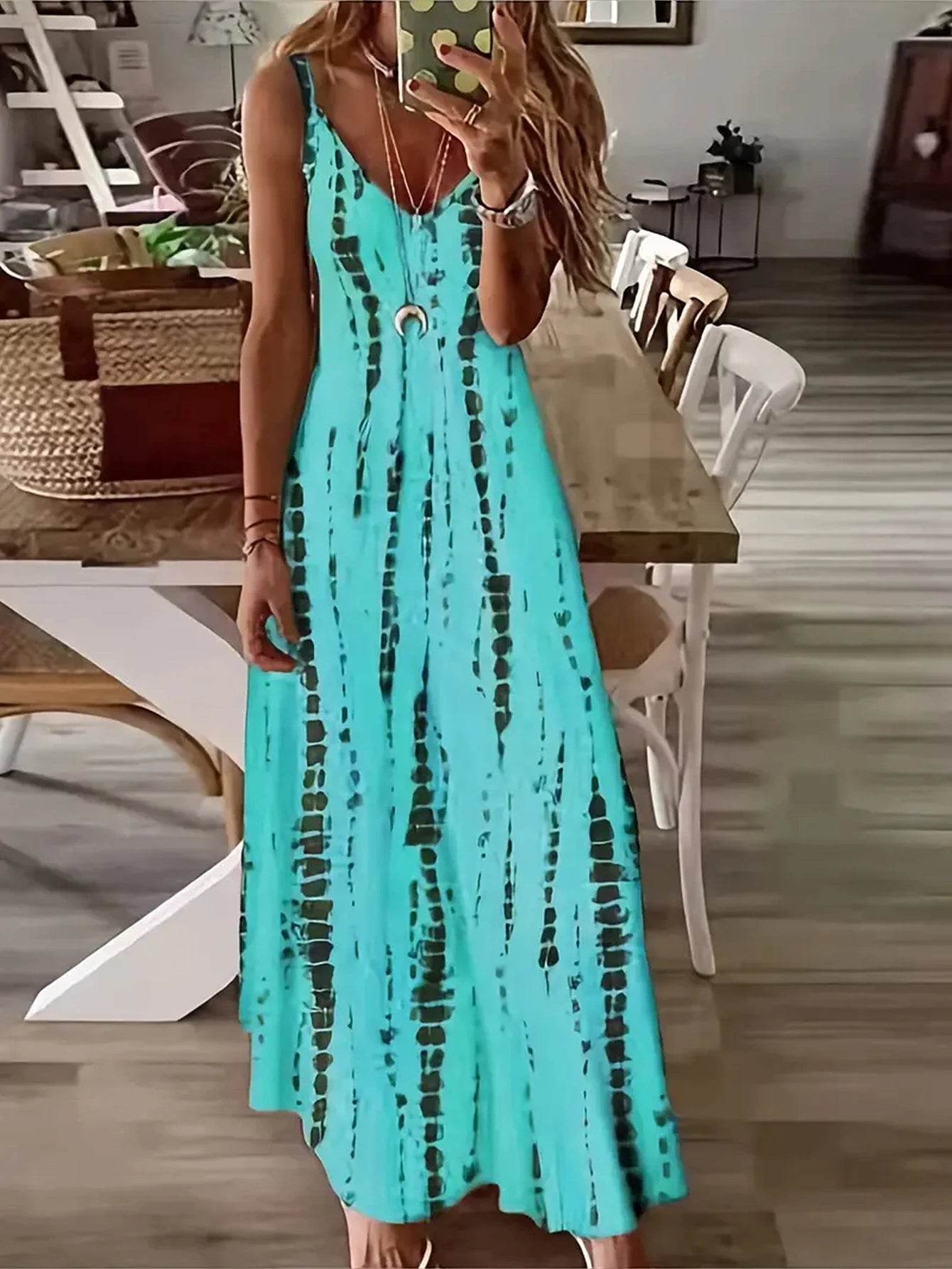 Women's Casual Loose V-neck Tie Dye Printed Spaghetti Maxi Dress Summer Beach Vacation Long Dress - Seprincess