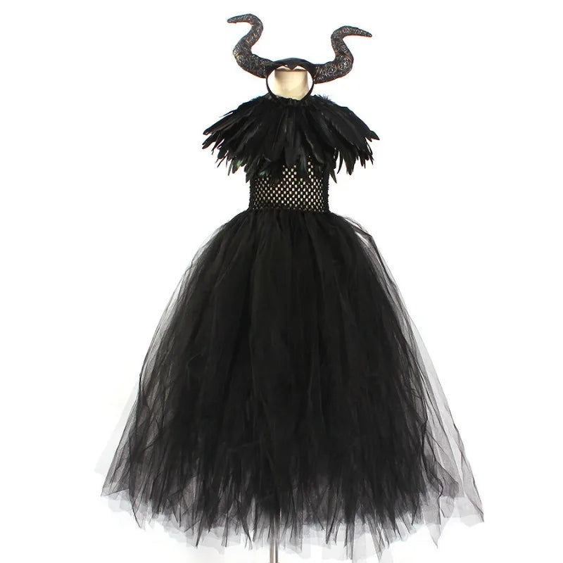 Halloween Costume for Kids Halloween Fantasy Vampire Costume Girls Long Tutu Dress Kids Carnival Outfit Gothic Feather Clothes - Seprincess