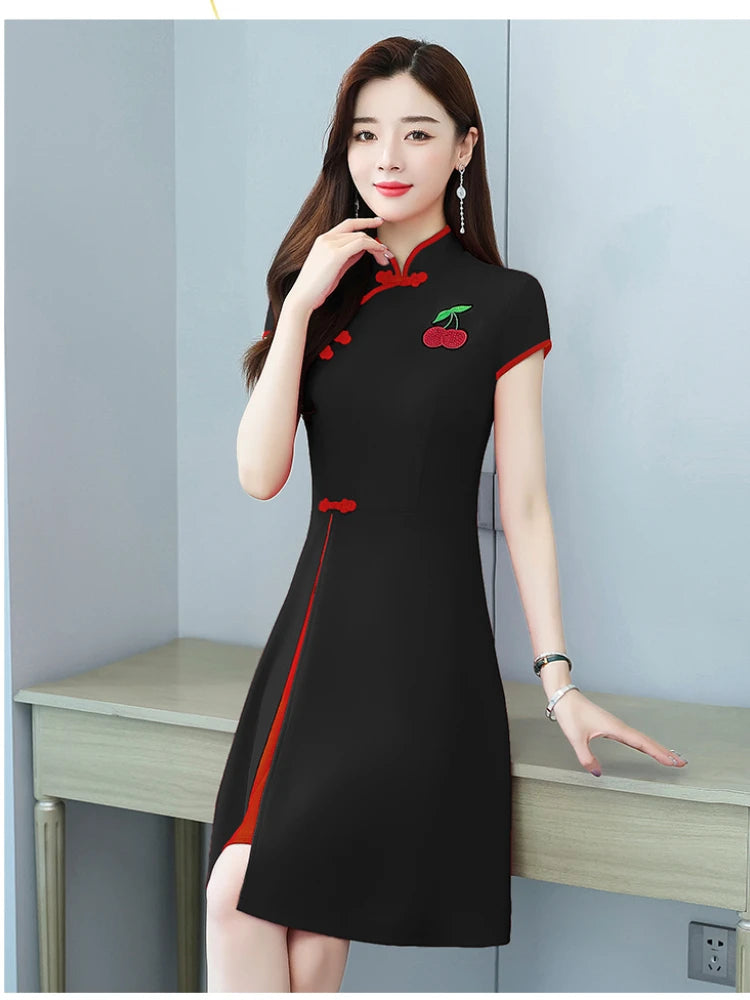 Chinese Style Summer Improved Cheongsam Slim Midi Short Sleeve Modern Qipao Dress Women Clothing CNY - Seprincess