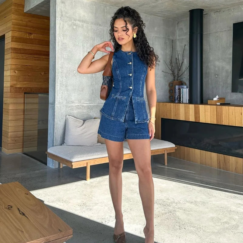 Casual Denim Shorts Sets for Women Sleeveless Single Breasted Split Top Vest High Waist Wide Leg Shorts Suit Female Lady Set