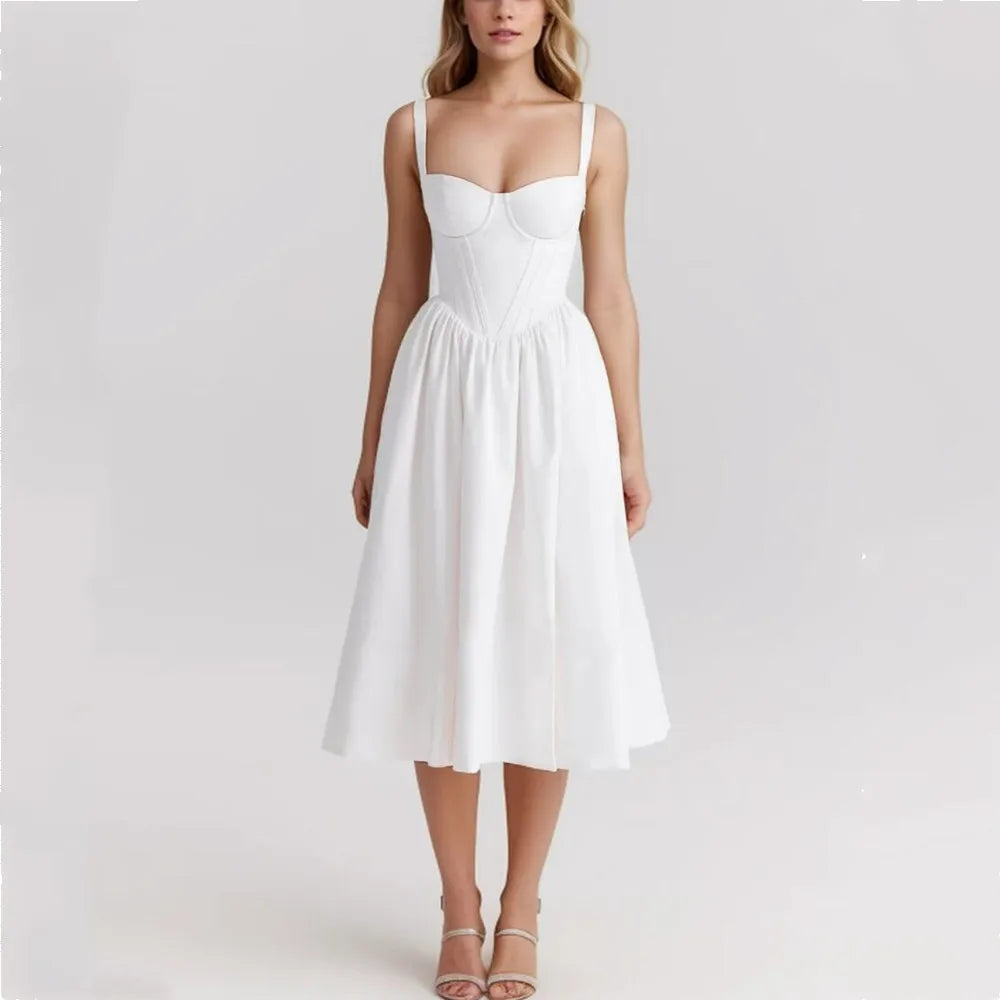 2024 Sexy Bra Chest With Wire Corset Style Low Waist Spliced Ruched Pleated Swing Long Midi Dress Women Bodycon Sling Robe White - Seprincess