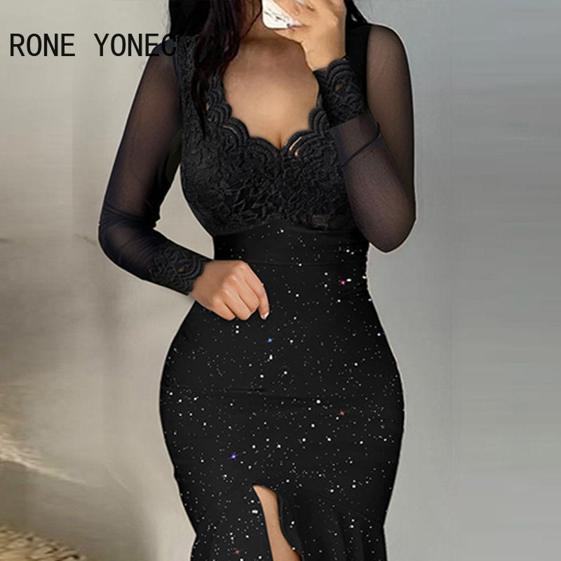 Women Glitter Chic Lace  V Neck Long Sleeves High Silt Maxi Mermaid Bodycon Formal Party Dresses - Seprincess