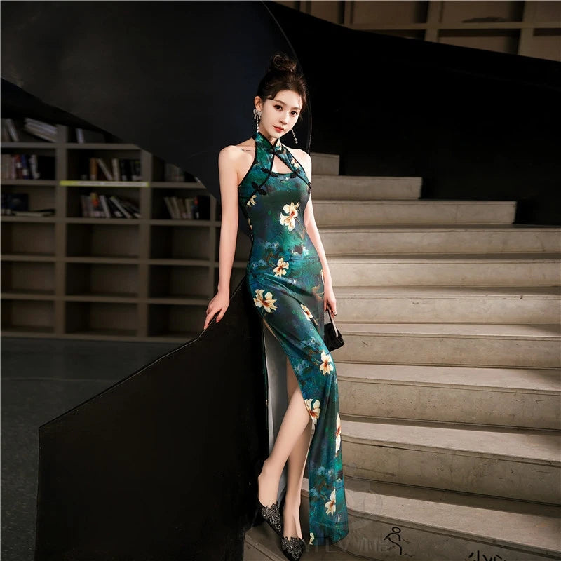 Sexy Halter Cheongsam Lady Split Qipao New Chinese Style Improved Dress Gown Satin Cheongsams Hollow Out Vestidos Bigsize 4Xl5Xl - Seprincess