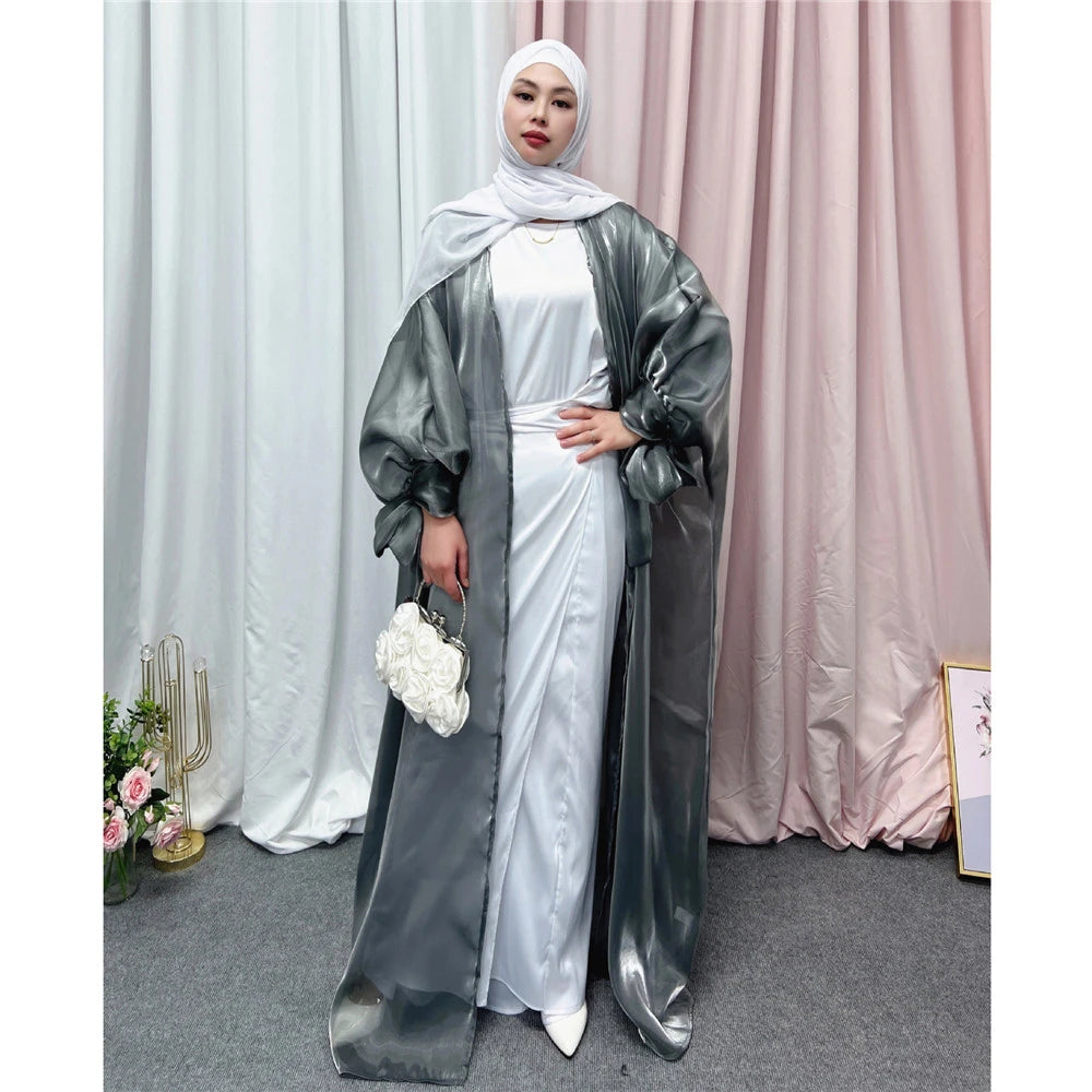 Shiny Satin Open Abaya Dubai Kaftan Women Muslim Kimono Cardigan Islamic Puff Sleeve Caftan Maxi Dress Robe Gown Turkey Jalabiya - Seprincess