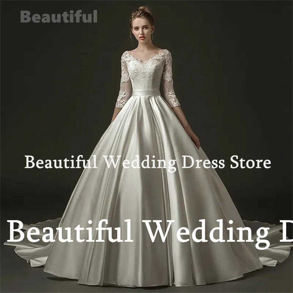 2024 White Wedding Dress For Women Lace Appliques V-Neck 3/4 Sleeves A-Line Satin Floor-Length Vestidos Sweep Train Bridal Gown - Seprincess