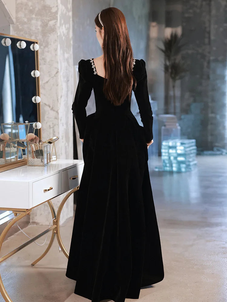 Black Evening Dresses Long Sleeve Square Collar Elegant Velvet Dress Beading Crystal Formal Gowns 2023 New Vestido - Seprincess