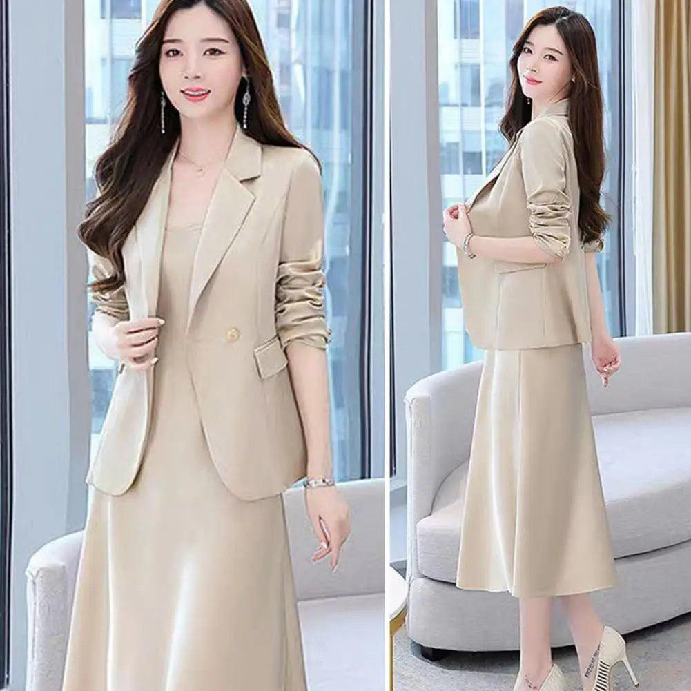 2Pcs Women Outfit Commute Trendy Office Lady Dress Coat Set Elegant Sling Style Coat Long Dress Suit Lady Business Skirt Suit - Seprincess