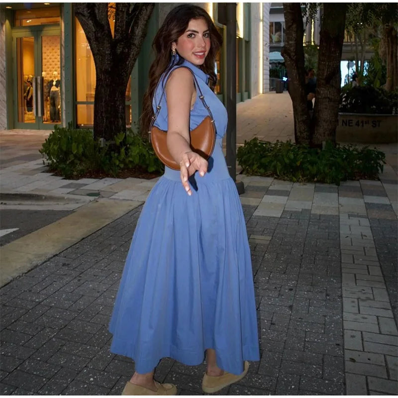 Summer Elegant Pleated Bow V Neck Blue Long Dresses For Women 2024 New Off Shoulder Sleeveless Maxi Dress Ladies Vacation Robe - Seprincess