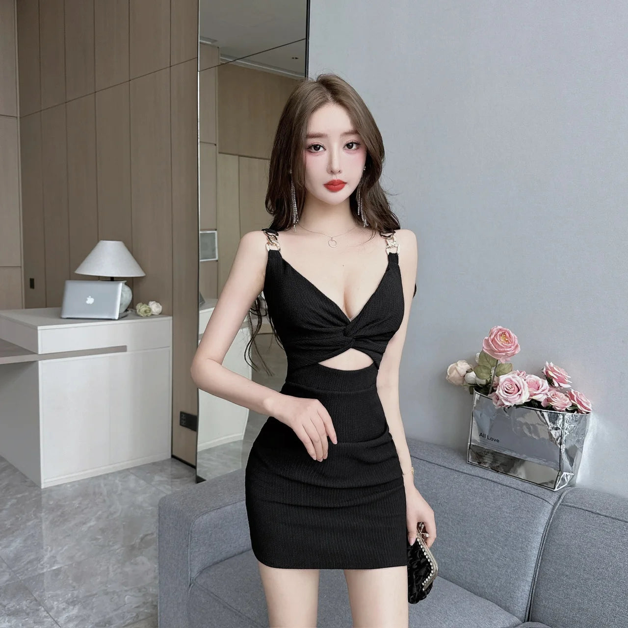 Kimotimo Women Sexy V Neck Hollow High Waist Clubbing Dress Temperament Sleeveless Backless Slim Fit Party Mini Dresses Summer