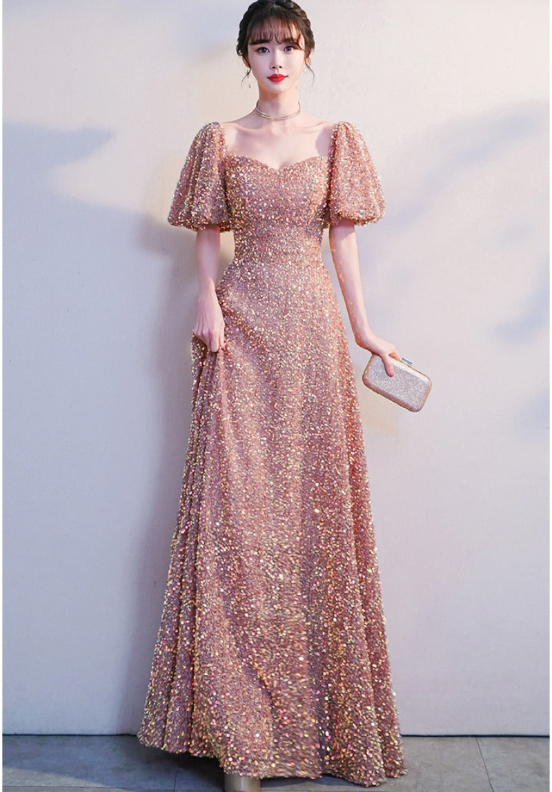 Sweet Square Collar Wedding Party Guest Pink Dress Luxury Sequined Formal Evening Dresses Women Sweet Sparkle Prom Gown Vestido - Seprincess