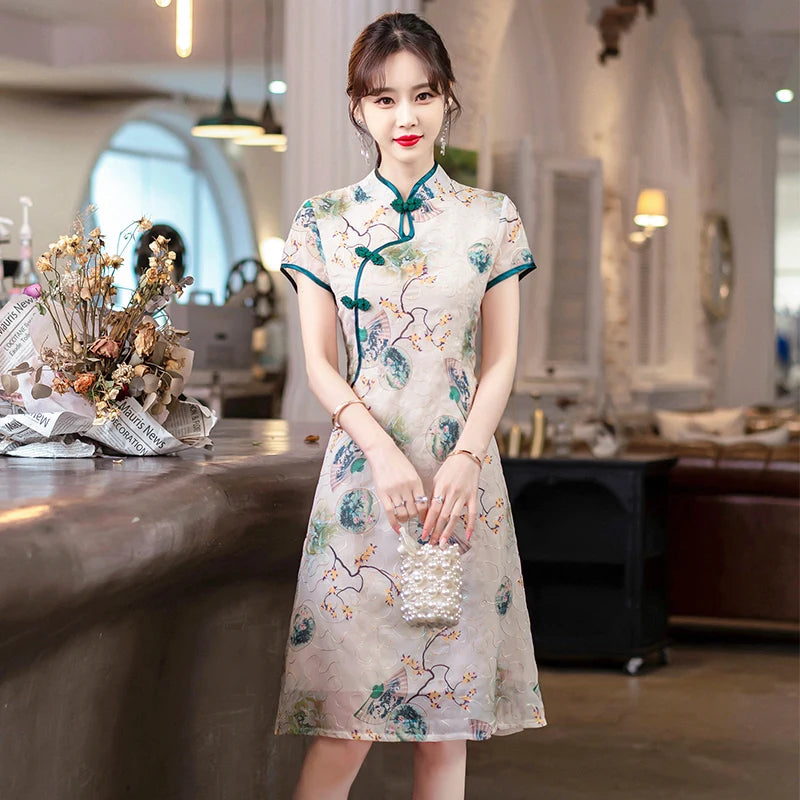 Fashion Modern Chinese Cheongsam A-line Dress Women Short Sleeve Qipao Traditional Chinese Clothes - Seprincess