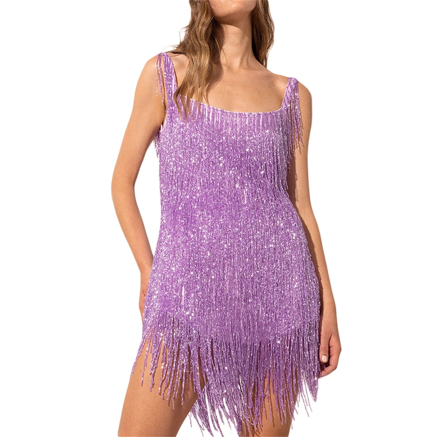 Women Sequin Fringe Mini Dress Sling Tassel Hem Sparkly Spaghetti Strap Backless Bodycon Elegant Cocktail Party Short Dress Y2K - Seprincess