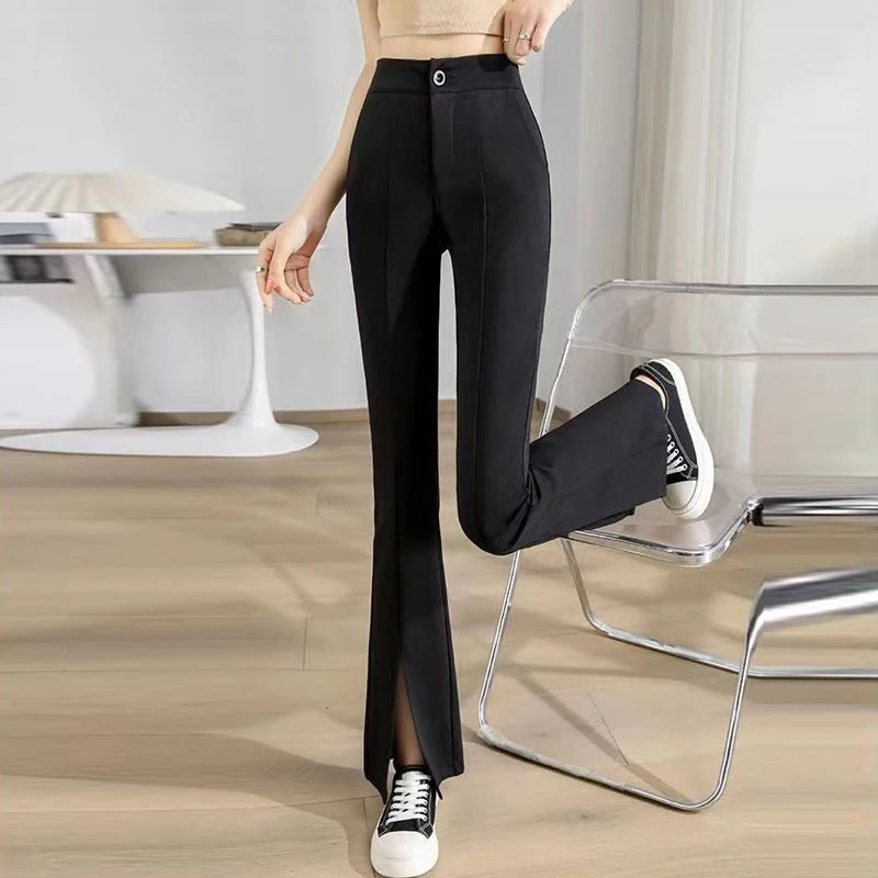 New Women Clothing Korean Fashion Split High Waist Elegant Flare Pants Female Harajuku Black Slim Trousers Y2K Casual Pantalones