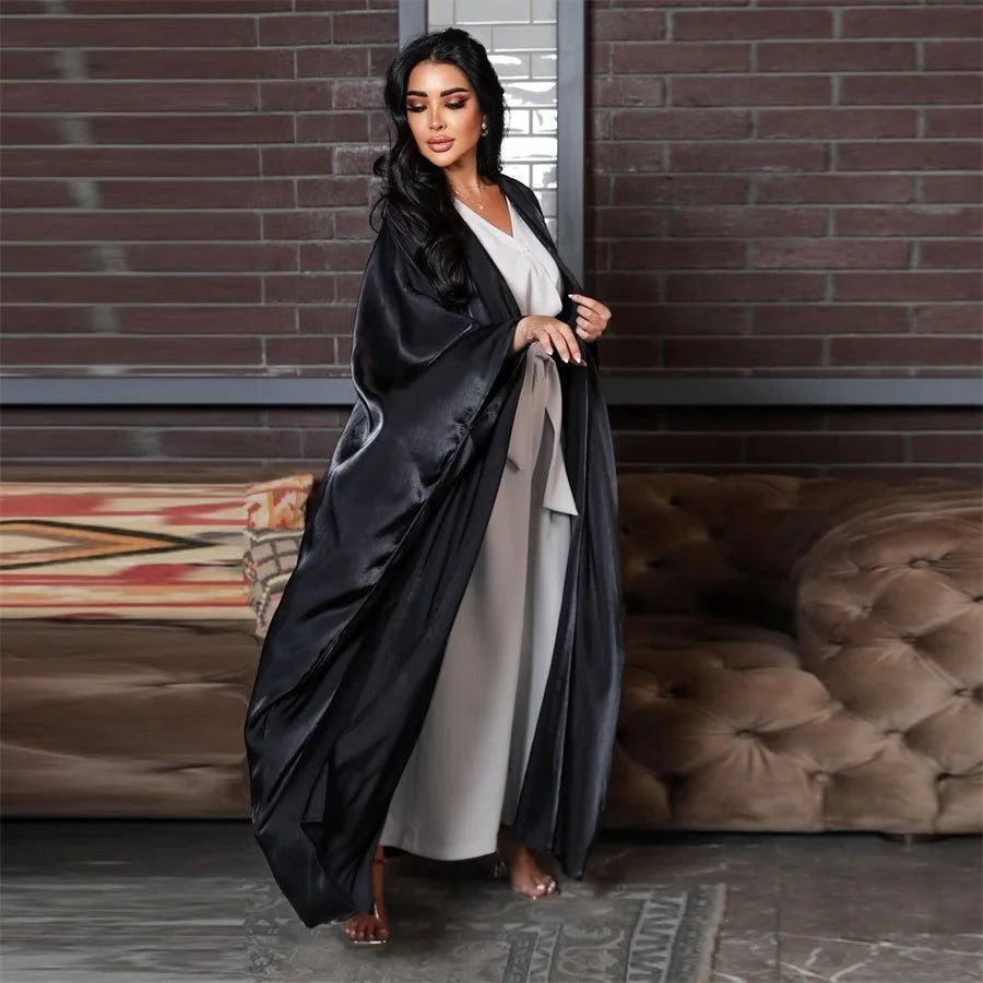 Siskakia Kimono Abayas for Women Modest Muslim Moroccan Dubai Fashion Casual Open Abaya Silk Satin Corban Eid Al Adha 2023 New