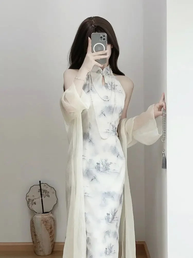 Modern Chinese Style Qipao 2024 New Improved Summer Youth New Hanging Neck Cheongsam Girl Elegant Long Dress With Shawl Women - Seprincess