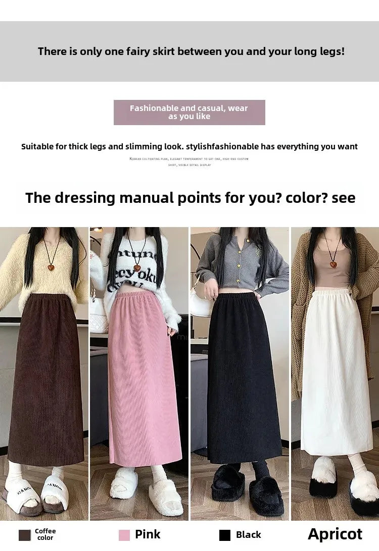 Thickened Fleece-Lined Corduroy Skirt Women's Autumn/Winter 2024 New Medium-Length A- Line Skirt With Side Slit High-Waisted