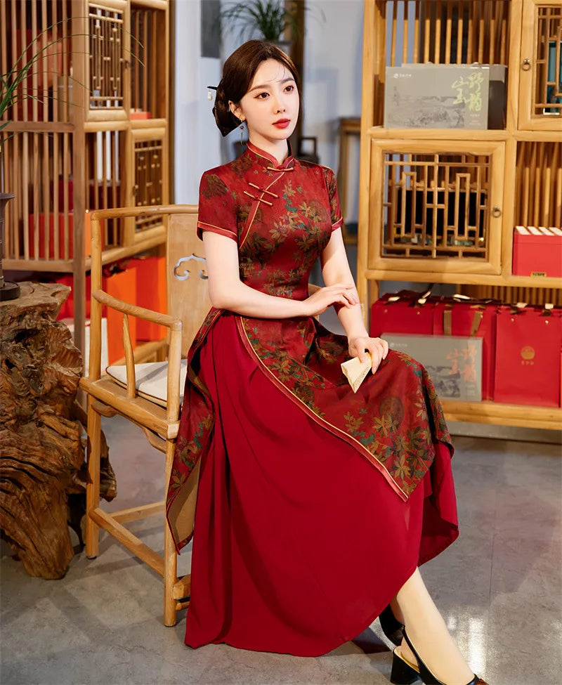 Burgundy Qipao Grace Improved Chinese Style Dresses Lady's Satin Cheongsam Summer Spring Ao Dai Flower Print Dress Oversize 4Xl - Seprincess